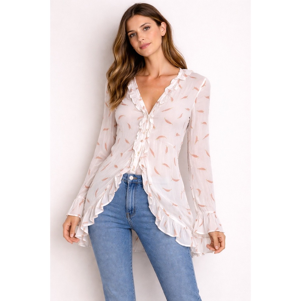 Charlie Holiday Chili Pepper Print Ruffle Wrap‎ Top White Orange Long Sleeve 6